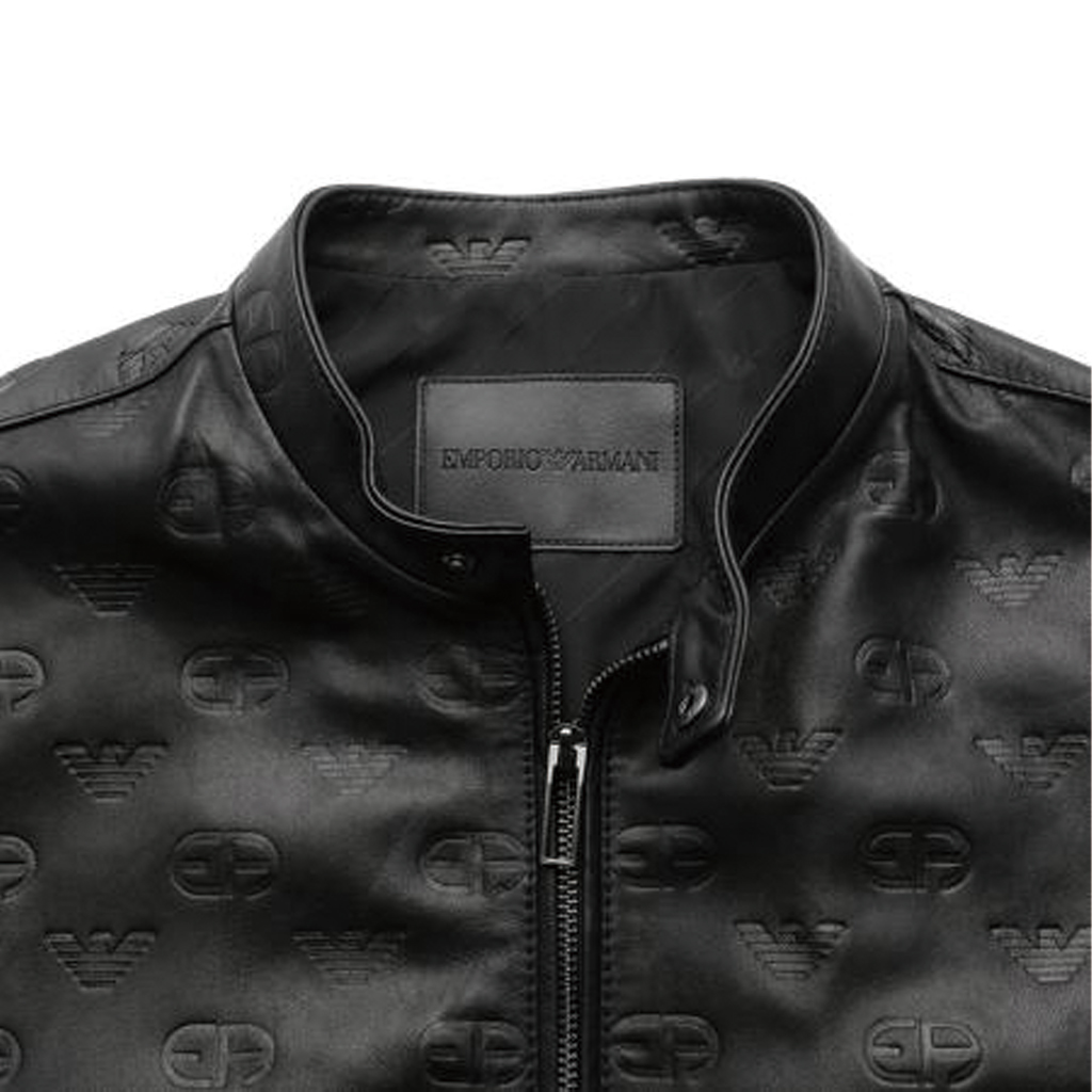 Shop EMPORIO ARMANI 黑色压纹Logo皮革夹克 SS23. D41R74-D1P7A-999