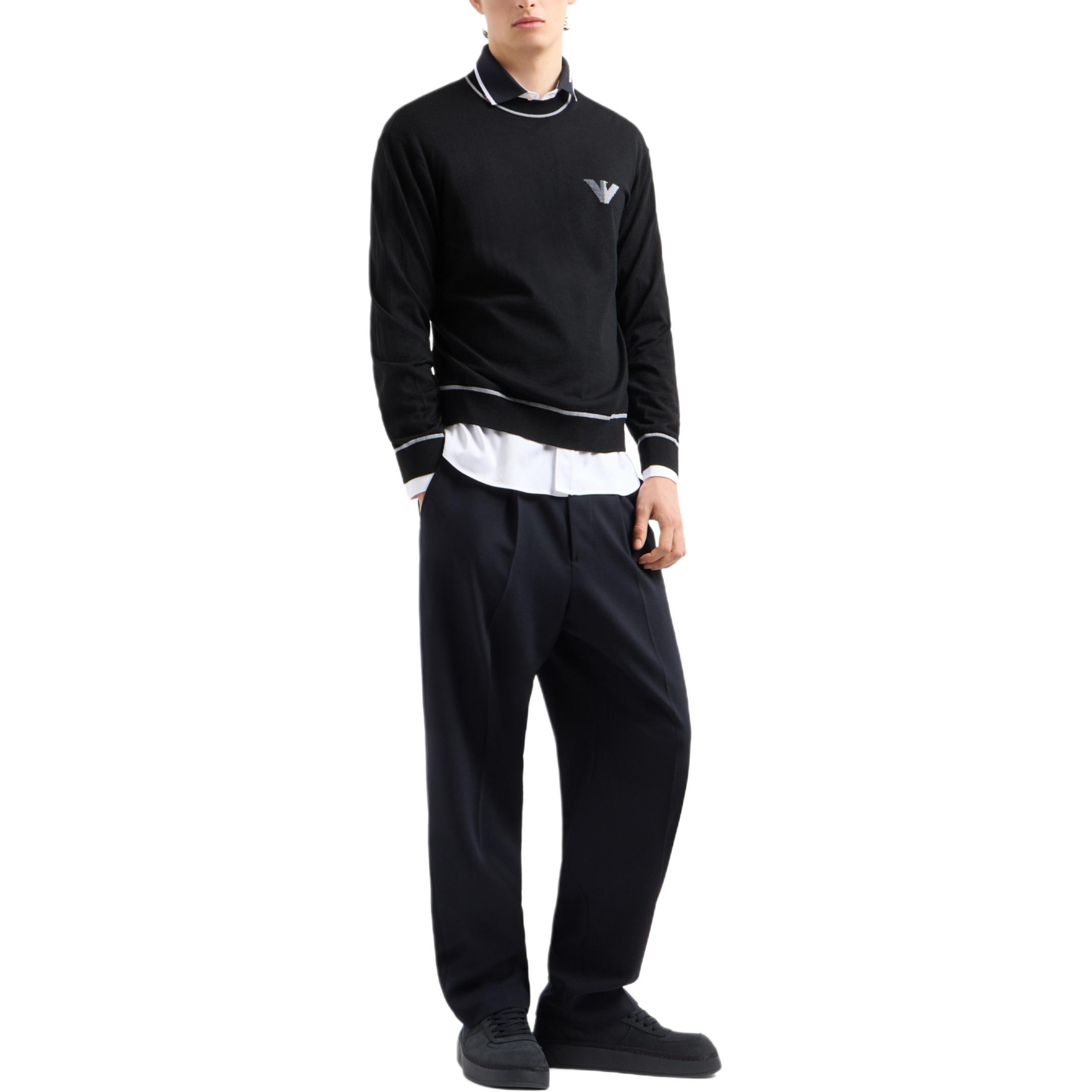 Shop Emporio Armani  Black Logo Eagle Striped Crewneck Sweater. 6D1MXH-1MJLZ-F033