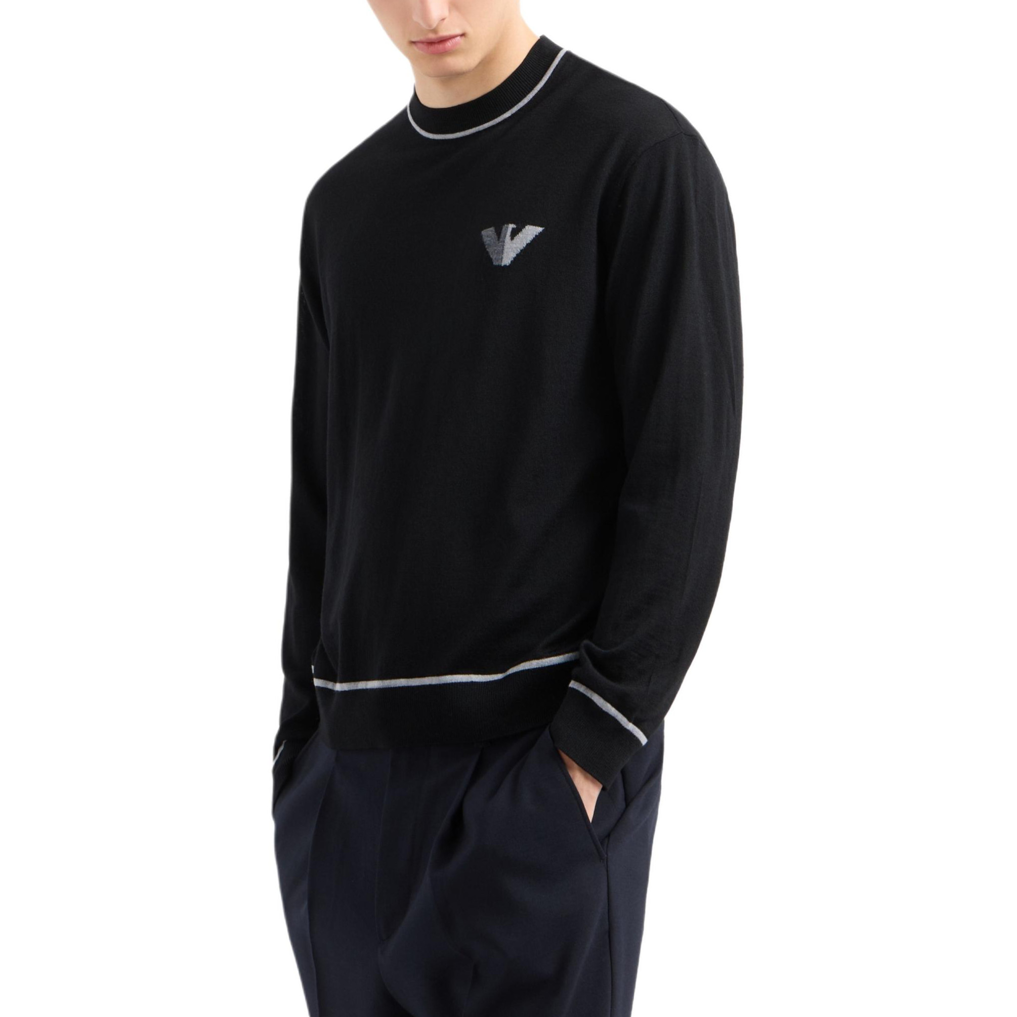 Details for Emporio Armani  Black Logo Eagle Striped Crewneck Sweater. 6D1MXH-1MJLZ-F033