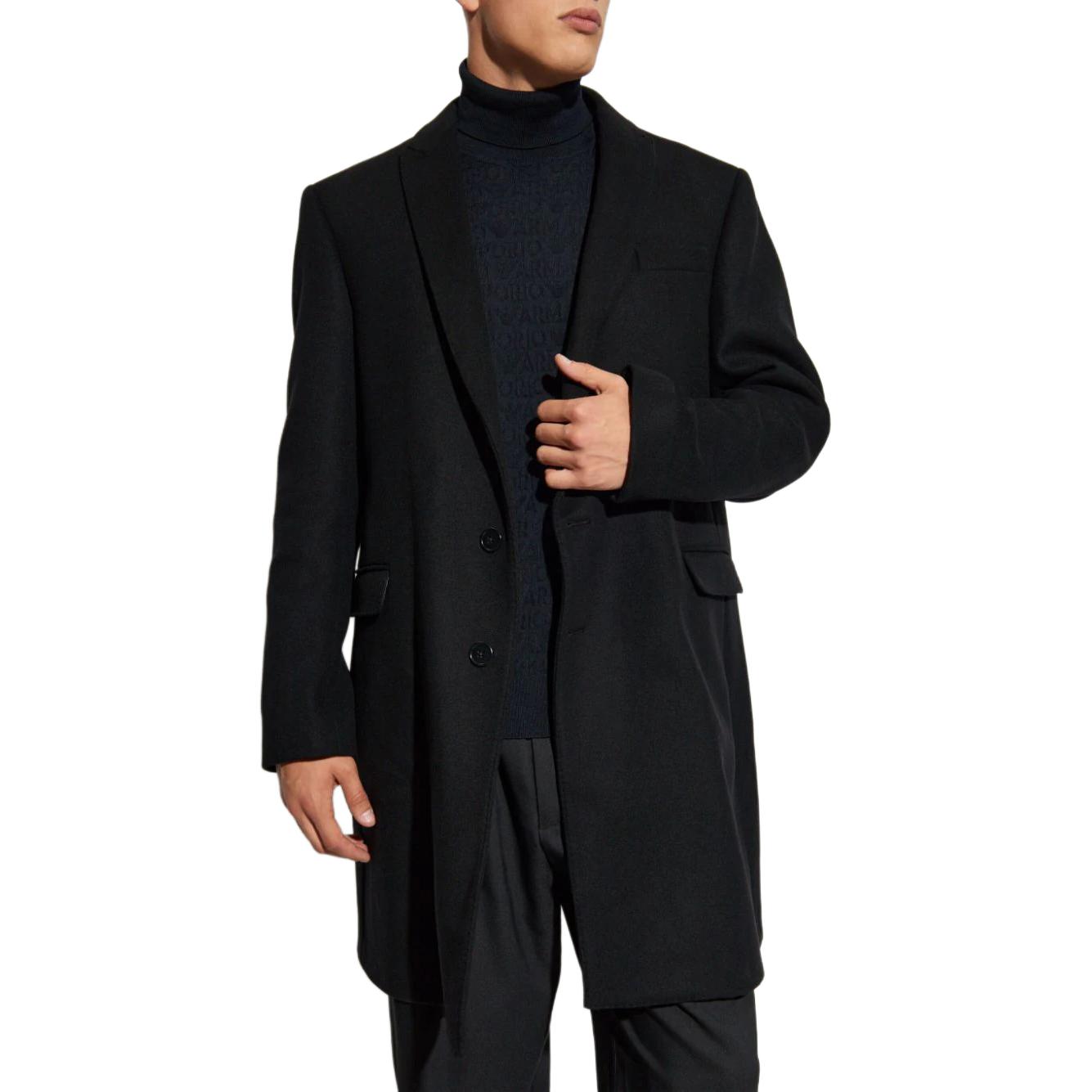 Shop EMPORIO ARMANI 黑色單排扣長版外套 素色 SS24 EM000355T-E11298-UC001