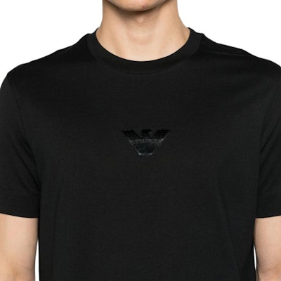 EMPORIO ARMANI Black Loose Fit Embroidered Eagle Tee SS24. 3D1TH0-1JOCZ Details for EMPORIO ARMANI Black Loose Fit Embroidered Eagle Tee SS24. 3D1TH0-1JOCZ