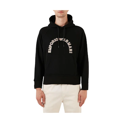 EMPORIO ARMANI Black Loose Fit Hoodie with Letter Print. 6R1ME9-1JWPZ-00C5