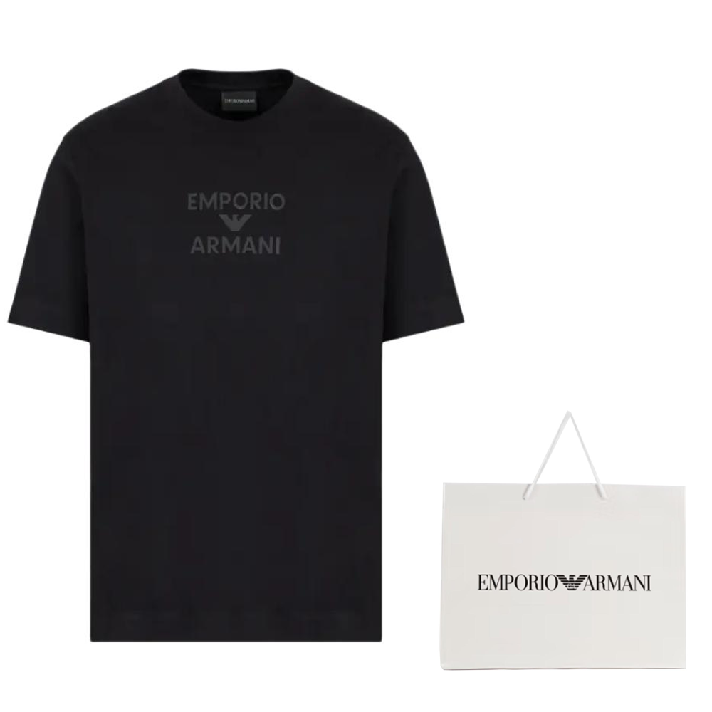 Shop EMPORIO ARMANI 黑色寬鬆版LOGO字母印花短袖T恤 EM000780-AF12926-UC001
