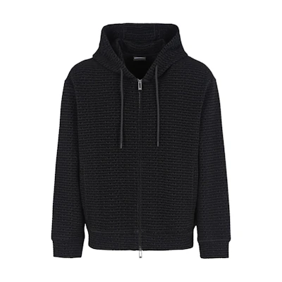 EMPORIO ARMANI Black Solid Color Hooded Loose Fit Zip-up Jacket. 6D1MB0-1JHSZ-0999