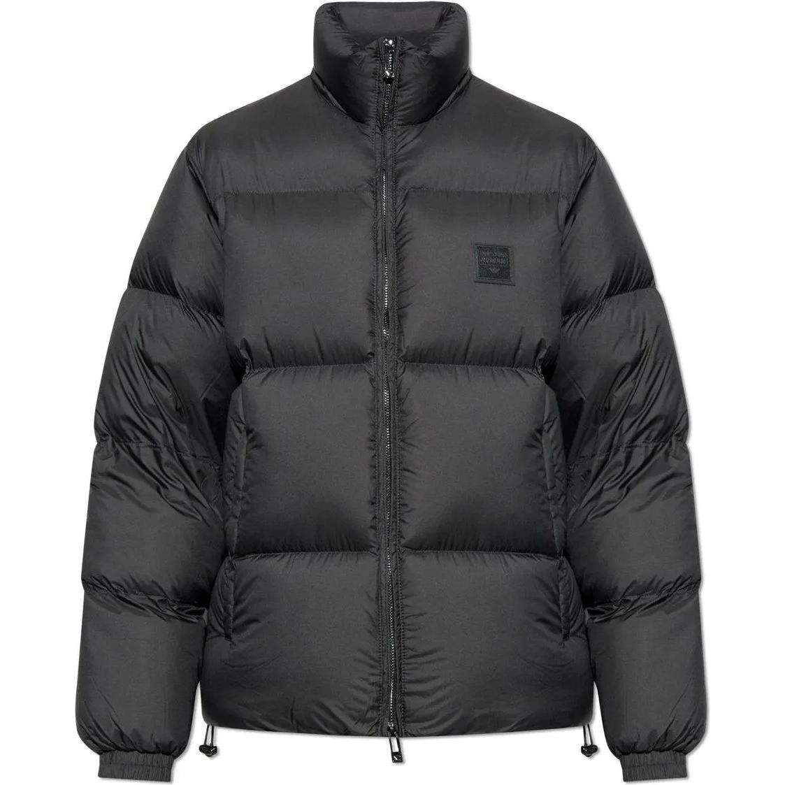 EMPORIO ARMANI  Black Solid Logo Patch Zip-Up Down Jacket. 6D1BF6-1NQTZ-0999