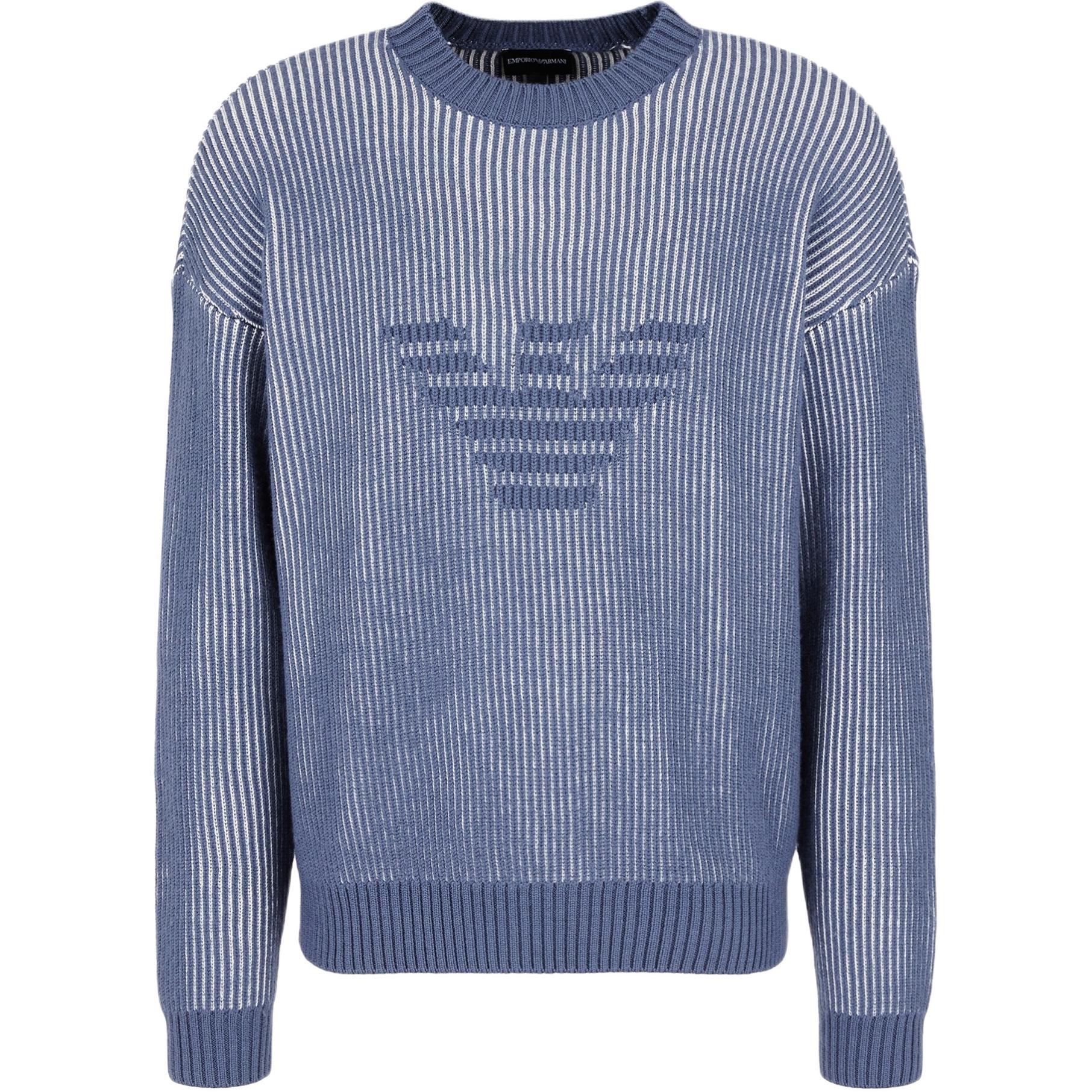 EMPORIO ARMANI  Blue Eagle Logo Ribbed Knit Pullover Sweater. 6D1MXA-1MJHZ-F708