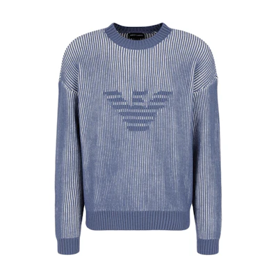 EMPORIO ARMANI Blue Eagle Logo Ribbed Knit Pullover Sweater. 6D1MXA-1MJHZ-F708
