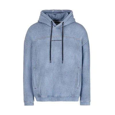 EMPORIO ARMANI Blue Hoodie with Logo Print and Drawstring Design. 3D1MEG-1JWPZ-F917