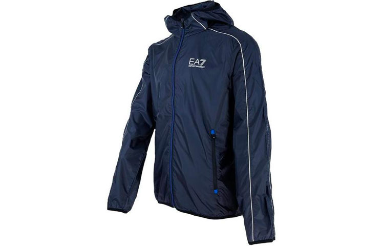Shop Emporio Armani Jaket Santai Biru Berhud Lengan Panjang dengan Cetakan Logo. 3LPB22-PN1GZ-1559