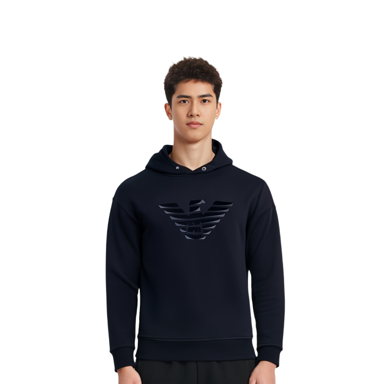 Cheap EMPORIO ARMANI FW22 海軍藍連帽衫標誌圖案套頭設計連帽衫。 6L1ML9-1JWPZ-09F4