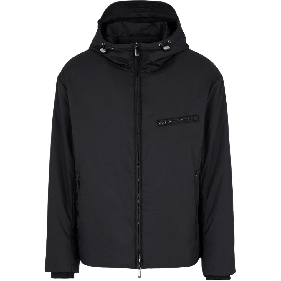 EMPORIO ARMANI  FW24 Black Logo Print Hooded Zip-Up Cotton Jacket 6D1B64-1NNXZ-0999