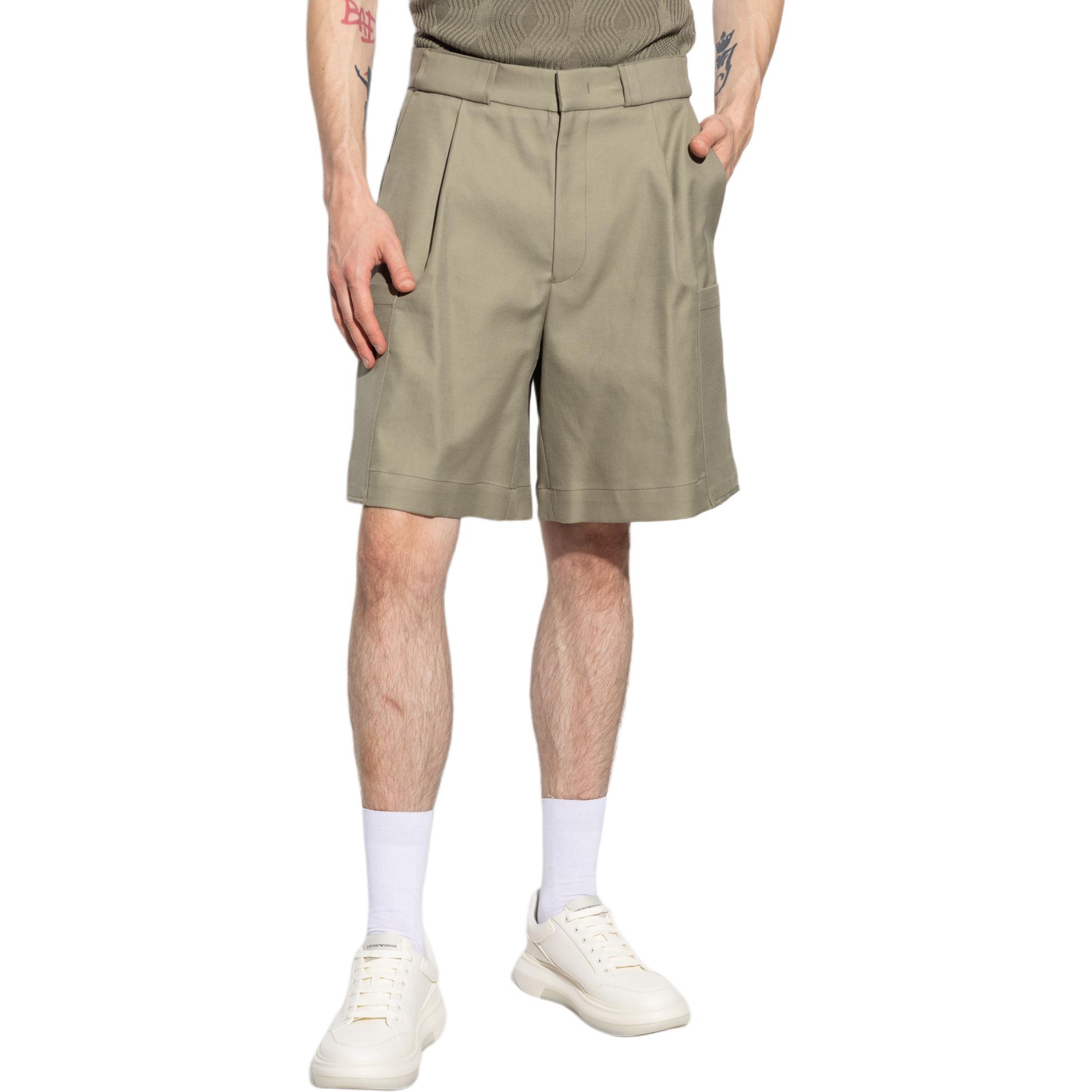 Shop EMPORIO ARMANI  Green Casual Mid-Waist Loose Fit Shorts. H41PB3-E1086-544
