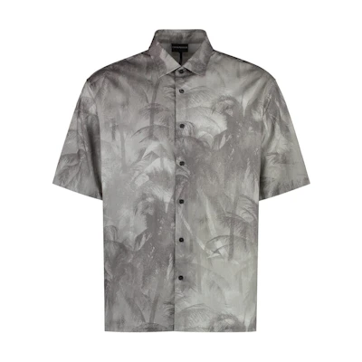 Emporio Armani Grey Slim Fit Short Sleeve Shirt with Logo Print 3D1CG7-1NRDZ-F617
