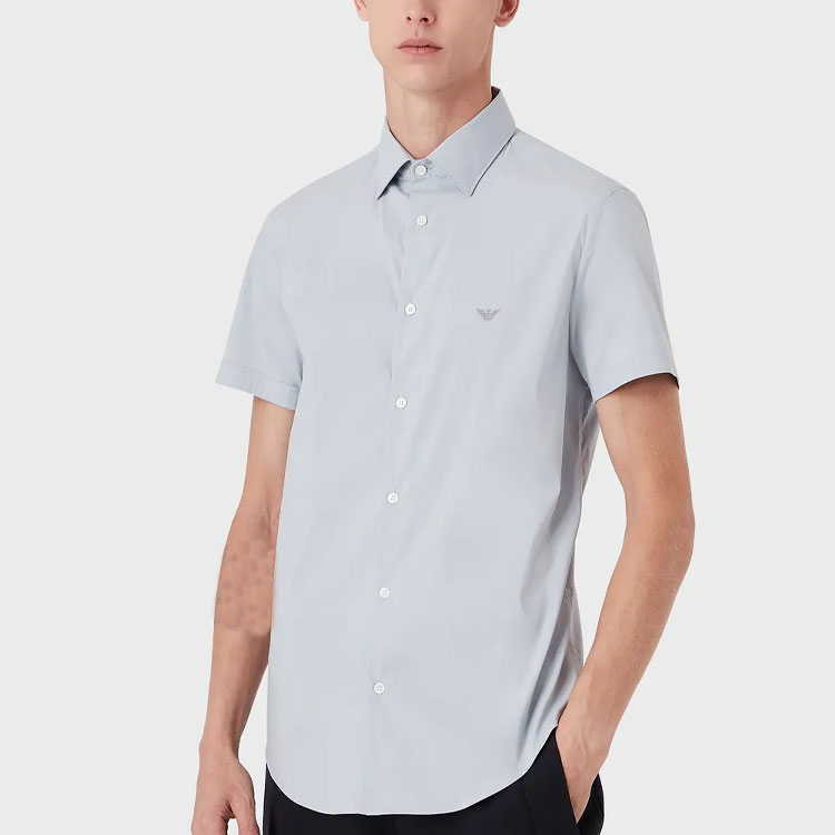Shop EMPORIO ARMANI  Light Blue Embroidered Eagle Logo Casual Short Sleeve Shirt 8N1C91-1NI9Z-0785