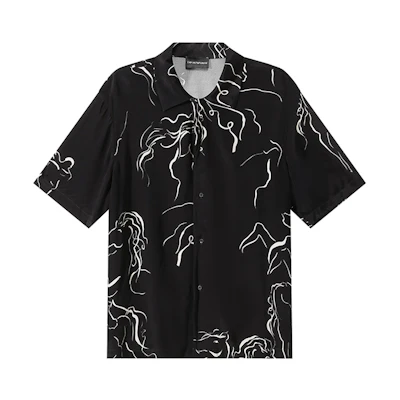Emporio Armani Loose Black Short-Sleeve Shirt with Horse Print Design. E31F25-F1022-991