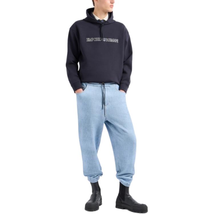 Shop Emporio Armani 海軍藍連帽衛衣帶標誌設計。 3D1M63-1JHSZ-09R0