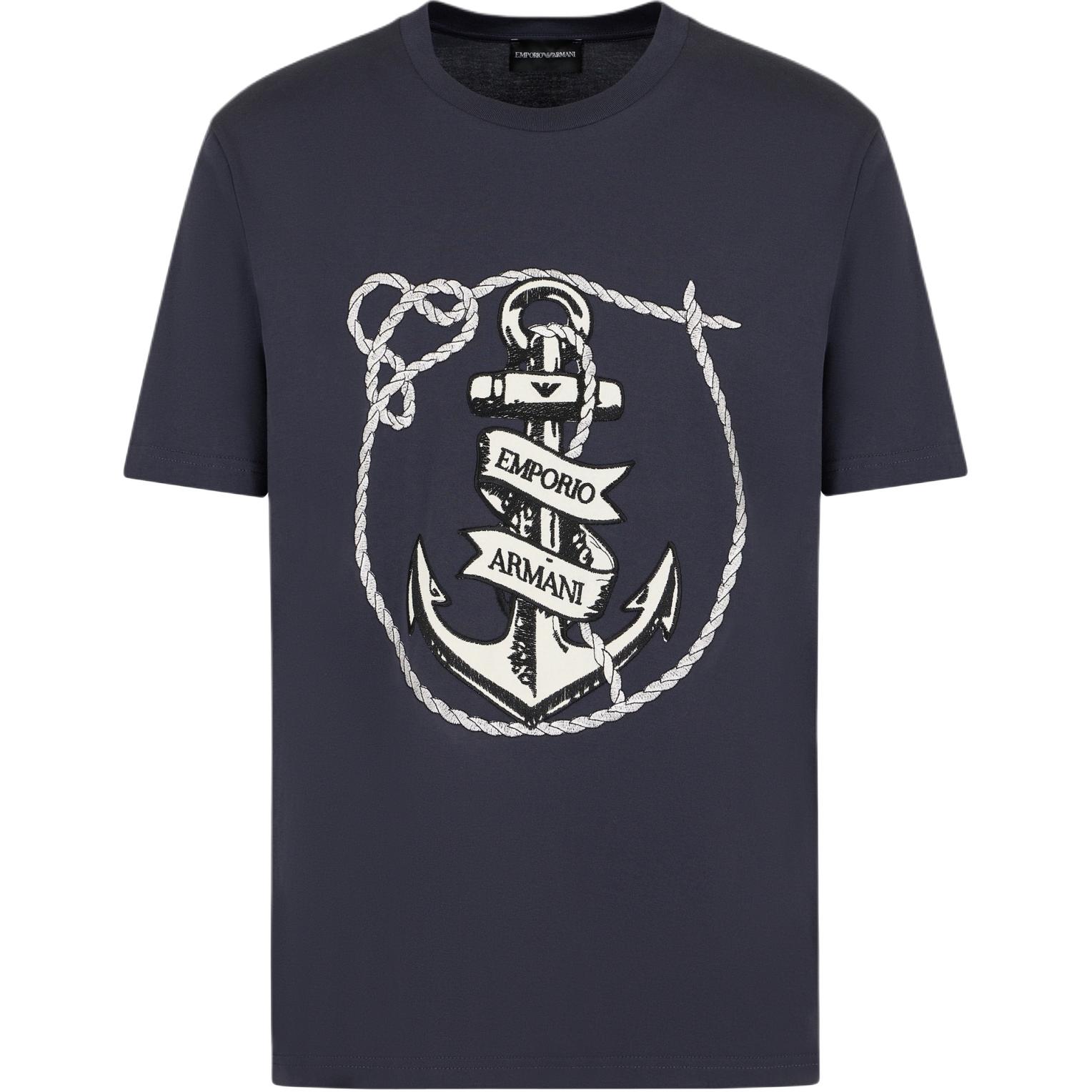 Emporio Armani  Navy Blue Letter Embroidery Crew Neck T-Shirt. 6D1T6S-1J7FZ-09U6