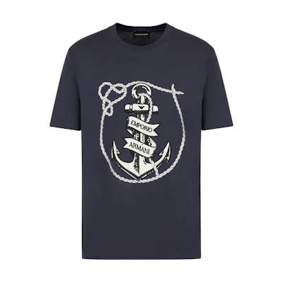 Emporio Armani Navy Blue Letter Embroidery Crew Neck T-Shirt. 6D1T6S-1J7FZ-09U6