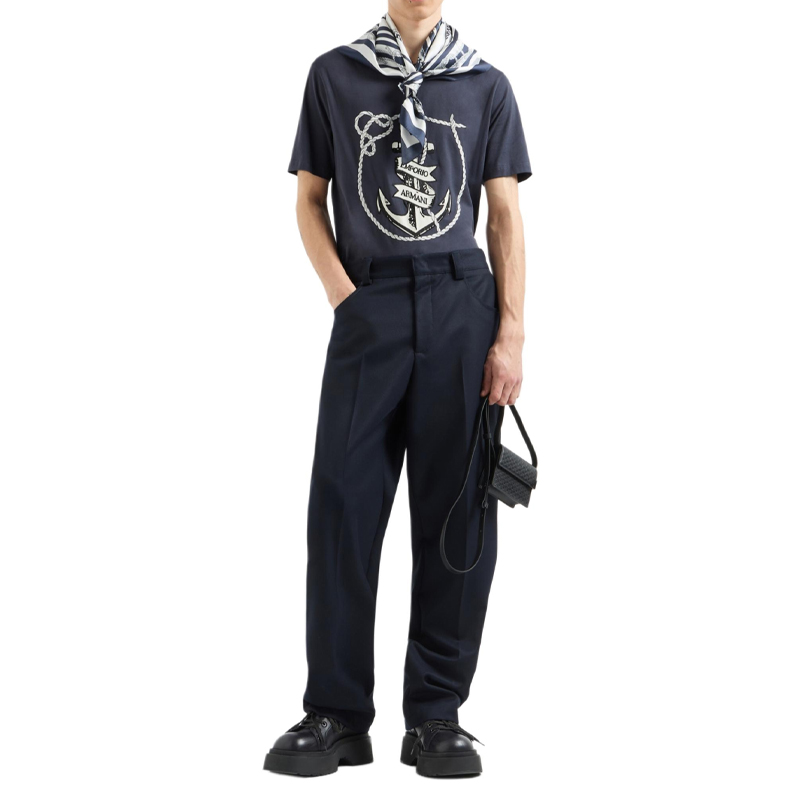 Lookbook Emporio Armani  Navy Blue Letter Embroidery Crew Neck T-Shirt. 6D1T6S-1J7FZ-09U6