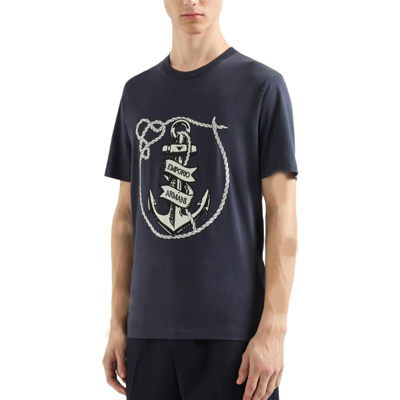 Shop Emporio Armani  Navy Blue Letter Embroidery Crew Neck T-Shirt. 6D1T6S-1J7FZ-09U6