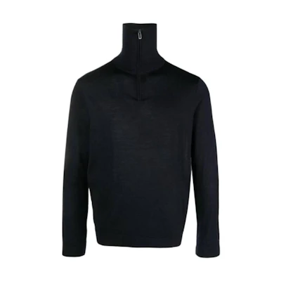 EMPORIO ARMANI Navy Blue Ribbed Knit Sweater with Embroidered Logo. 6R1MXF-1MNFZ-F904