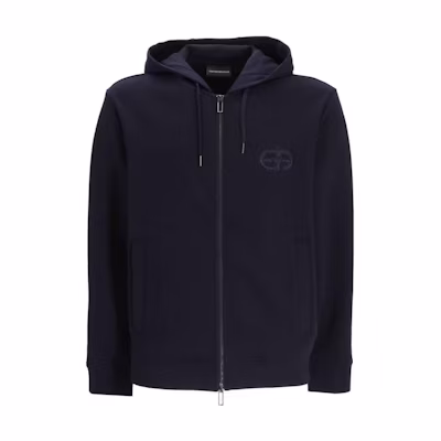 EMPORIO ARMANI Navy Blue Solid Logo Embroidered Hoodie Jacket SS23. 8N1ML6-1JHSZ-0920