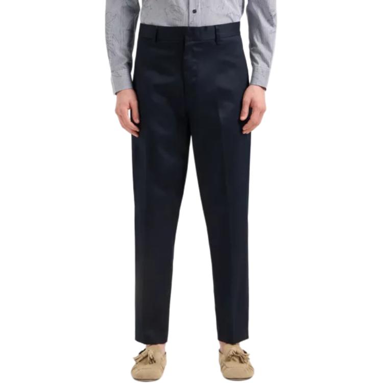 Lookbook EMPORIO ARMANI 海军蓝修身腰带拉链休闲裤。 3D1PE1-1NQTZ-0920