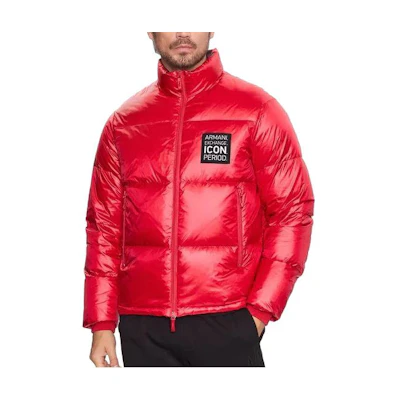 EMPORIO ARMANI Red Embroidered High-Neck Zip Puffer Jacket. 8NZBP2-ZNYNZ-14AQ