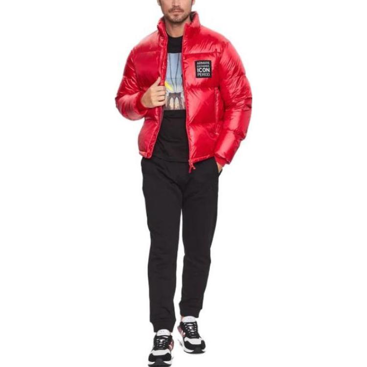 Shop EMPORIO ARMANI Jaket Puff Leher Tinggi Zip Sulaman Merah. 8NZBP2-ZNYNZ-14AQ