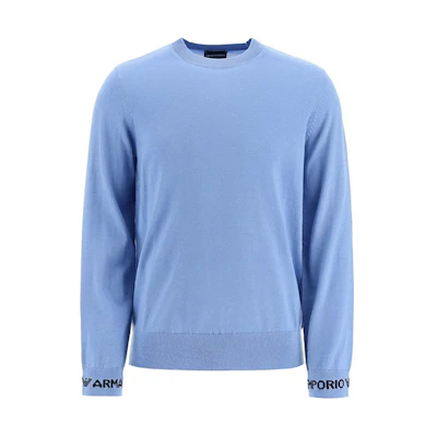 Emporio Armani Sapphire Blue Logo Embroidered Knit Sweater. 3R1MX9-1MDZZ-0708
