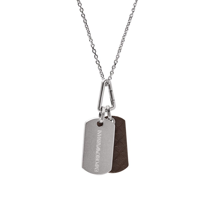 Lookbook Emporio Armani  Silver Dual Pendant Necklace with Steel and Leather Chain. EGS3133040