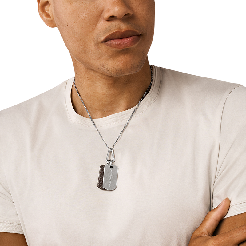 Details for Emporio Armani  Silver Dual Pendant Necklace with Steel and Leather Chain. EGS3133040