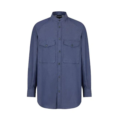 Emporio Armani Solid Color Long Sleeve Shirt with Chest Pocket - Blue. 3D1CP1-1DAAZ-10941