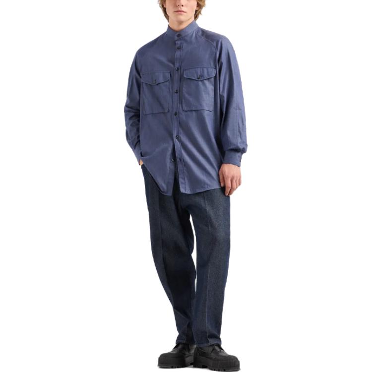 Lookbook Emporio Armani 蓝色纯色长袖衬衫带胸袋. 3D1CP1-1DAAZ-10941