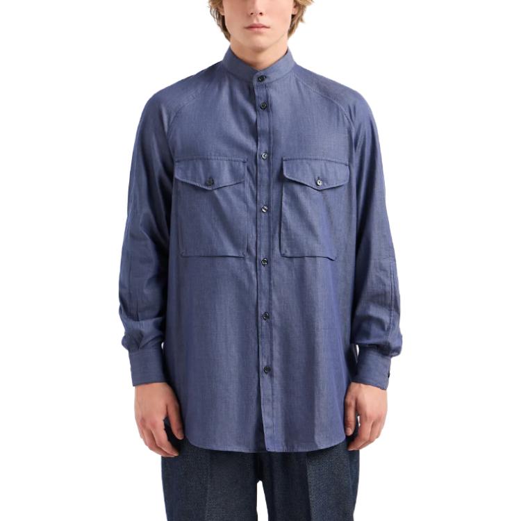 Shop Emporio Armani 蓝色纯色长袖衬衫带胸袋. 3D1CP1-1DAAZ-10941