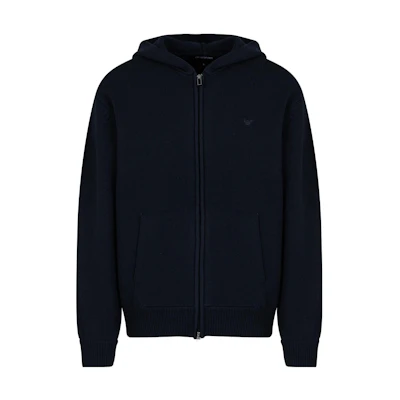 EMPORIO ARMANI Solid Navy Blue Hooded Knit Zipper Sweater 6R1MX6-1MNAZ-0920