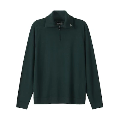 EMPORIO ARMANI SS24 Half-Zip High Neck Knit Sweater Deep Green. 6R1MXF-1MNFZ-F553