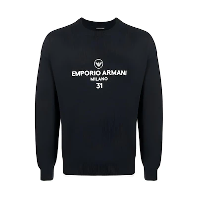 EMPORIO ARMANI SS24 Logo Print Loose Knit Sweater in Navy Blue. 3L1MT5-1MD4Z-0947