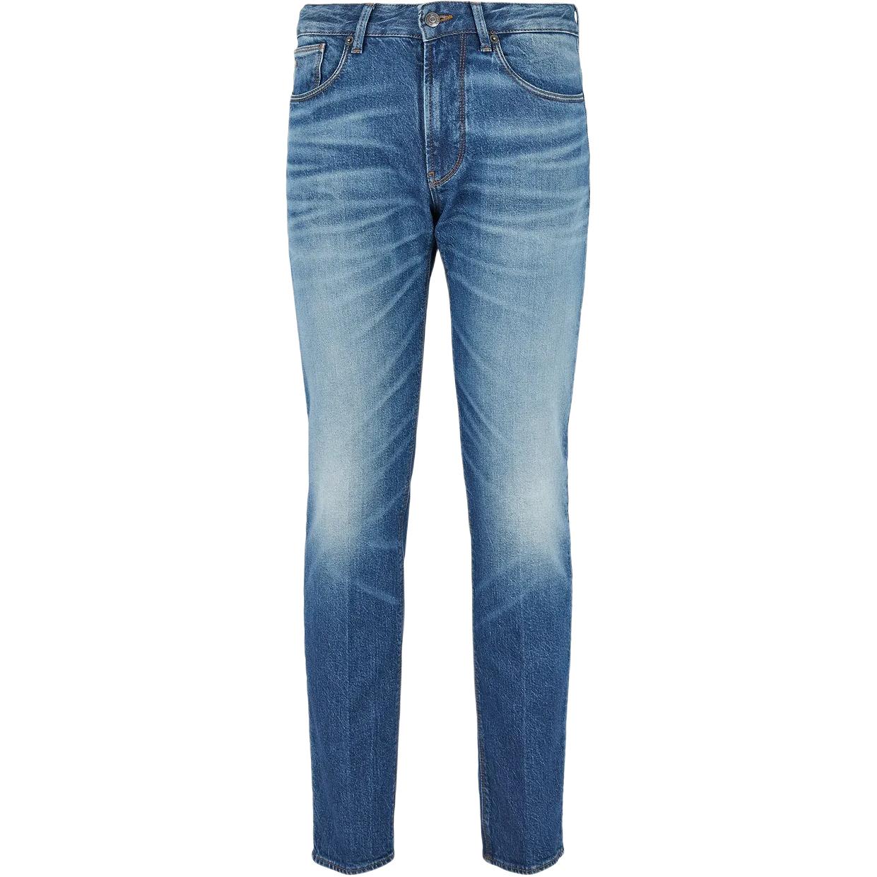 Emporio Armani  SS24 Low-Rise Slim Fit Washed Zipper Jeans in Dark Blue. 6D1J06-1D97Z-0941