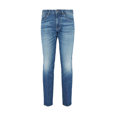 Emporio Armani SS24 Low-Rise Slim Fit Washed Zipper Jeans in Dark Blue. 6D1J06-1D97Z-0941
