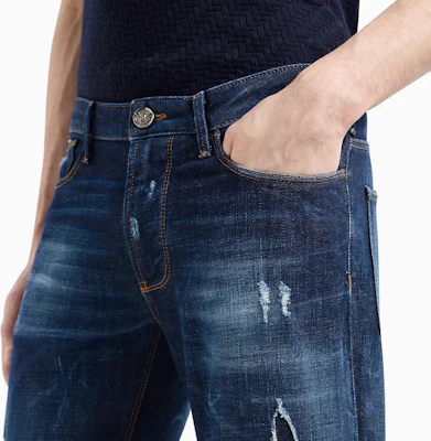 Emporio Armani SS24 Slim Fit Distressed Low-Waist Jeans Deep Blue. 3D1J06-1D14Z-10942 Sizing Emporio Armani SS24 Slim Fit Distressed Low-Waist Jeans Deep Blue. 3D1J06-1D14Z-10942