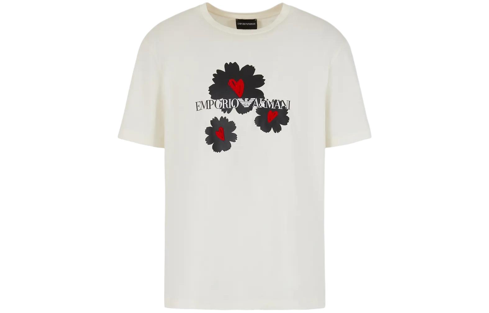 Emporio Armani  White Crewneck T-Shirt with Floral Letter Print. 3D1T8P1-J7FZ1-0132