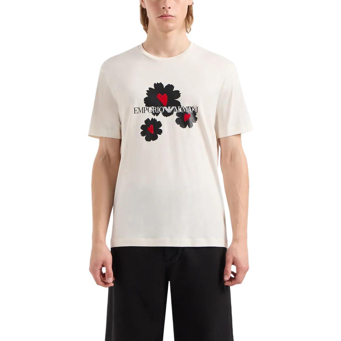 Shop Emporio Armani  White Crewneck T-Shirt with Floral Letter Print. 3D1T8P1-J7FZ1-0132