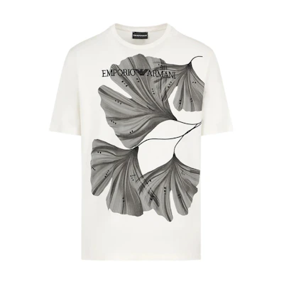 Emporio Armani White Embroidered Graphic Tee SS24 Short Sleeve Shirt. 3D1T6U-1J7FZ-01M9