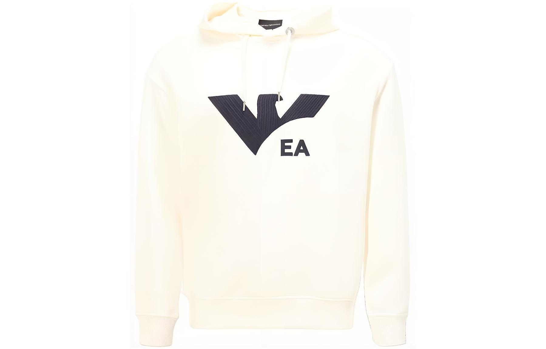 EMPORIO ARMANI  White Hoodie with Logo Print Casual Long Sleeve Pullover. 3L1MCS-1JHSZ-0101