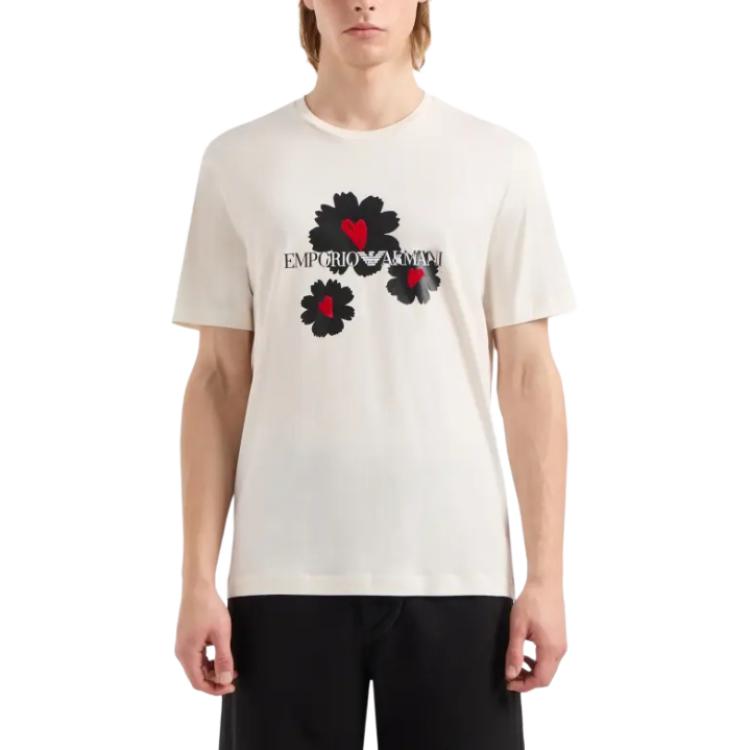 Shop EMPORIO ARMANI  White Printed Crew Neck Slim Fit Short Sleeve T-Shirt 3D1T8P-1J7FZ-0132