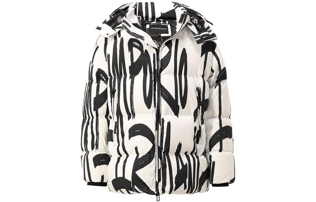 EMPORIO ARMANI Abstract Print Hooded Puffer Jacket  White. 6K1BE4-1NQWZ-F160