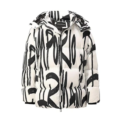 EMPORIO ARMANI Abstract Print Hooded Puffer Jacket White. 6K1BE4-1NQWZ-F160