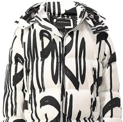 EMPORIO ARMANI Abstract Print Hooded Puffer Jacket White. 6K1BE4-1NQWZ-F160 Details for EMPORIO ARMANI Abstract Print Hooded Puffer Jacket White. 6K1BE4-1NQWZ-F160