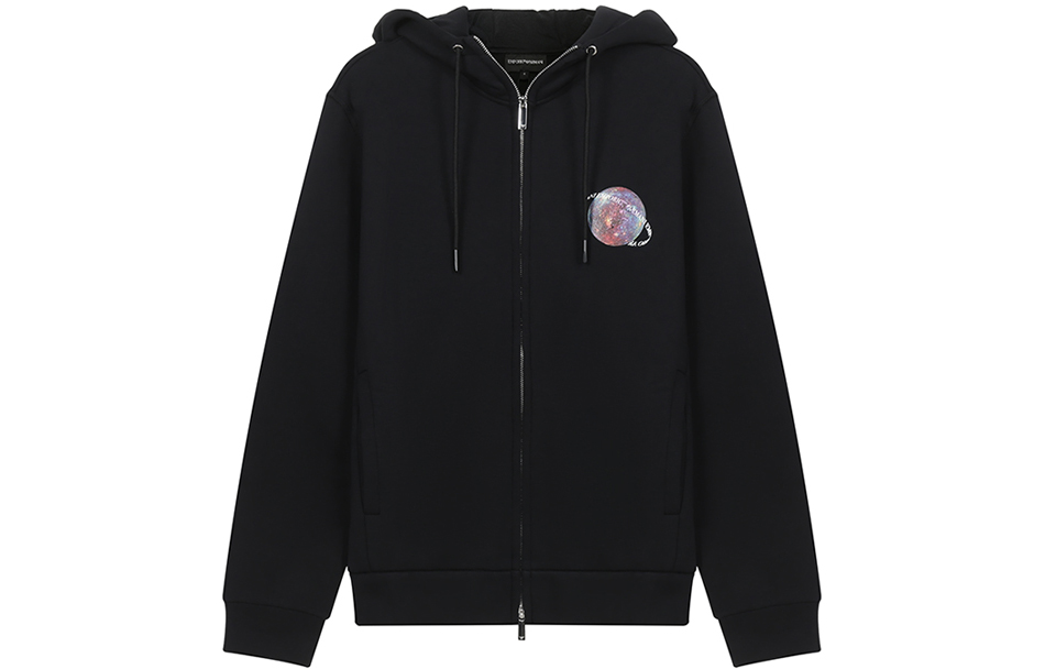 EMPORIO ARMANI Black Hoodie with Dragon Print and Fleece Lining. 6K1B8P-1JM3Z-0011